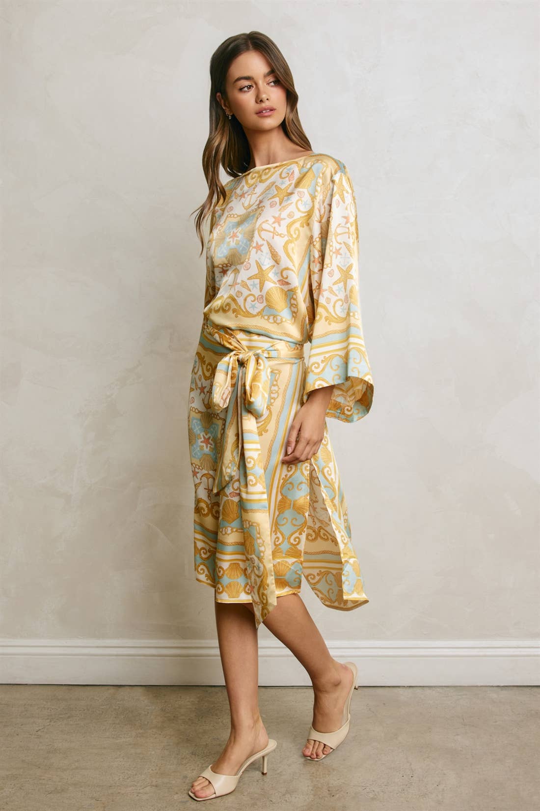 Conversational Scarf Satin Sash Kaftan Dress