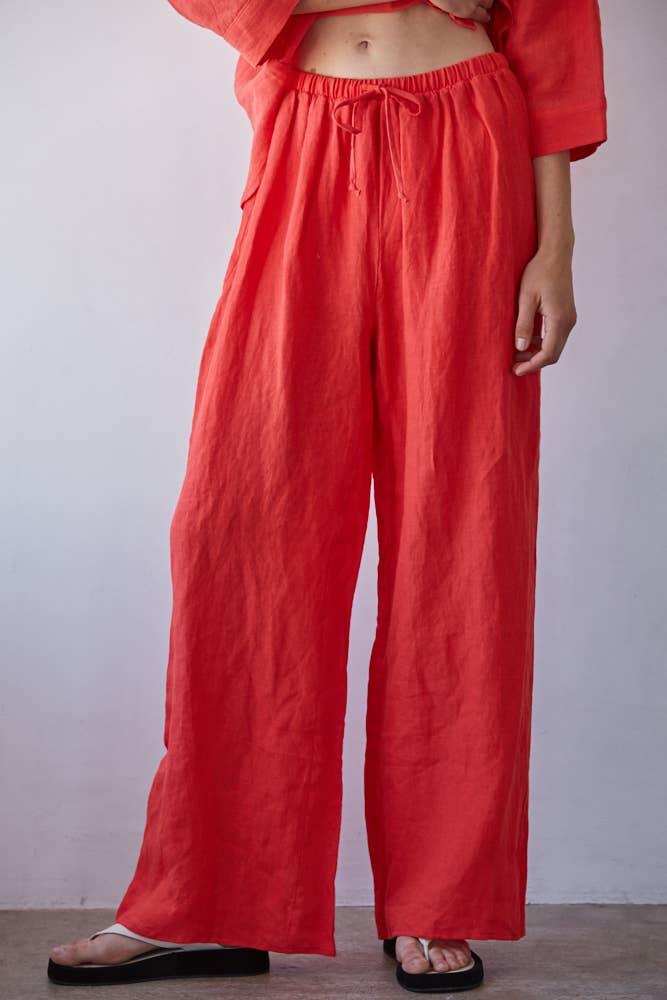 Linen Wide Leg Pants with Tie Strap