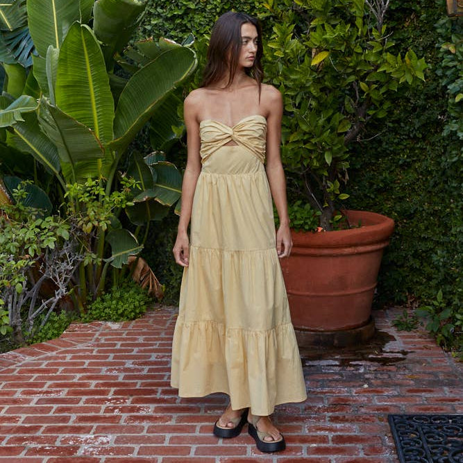 Tiered Strapless Twist Front Midi Dress