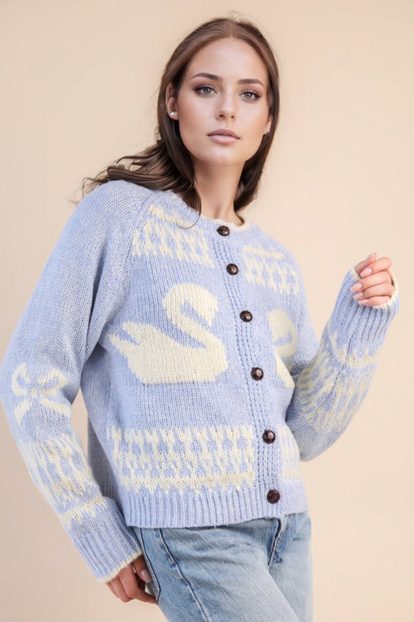 12W3463N-Oversized Graphic Casual Knit Sweater Cardigan