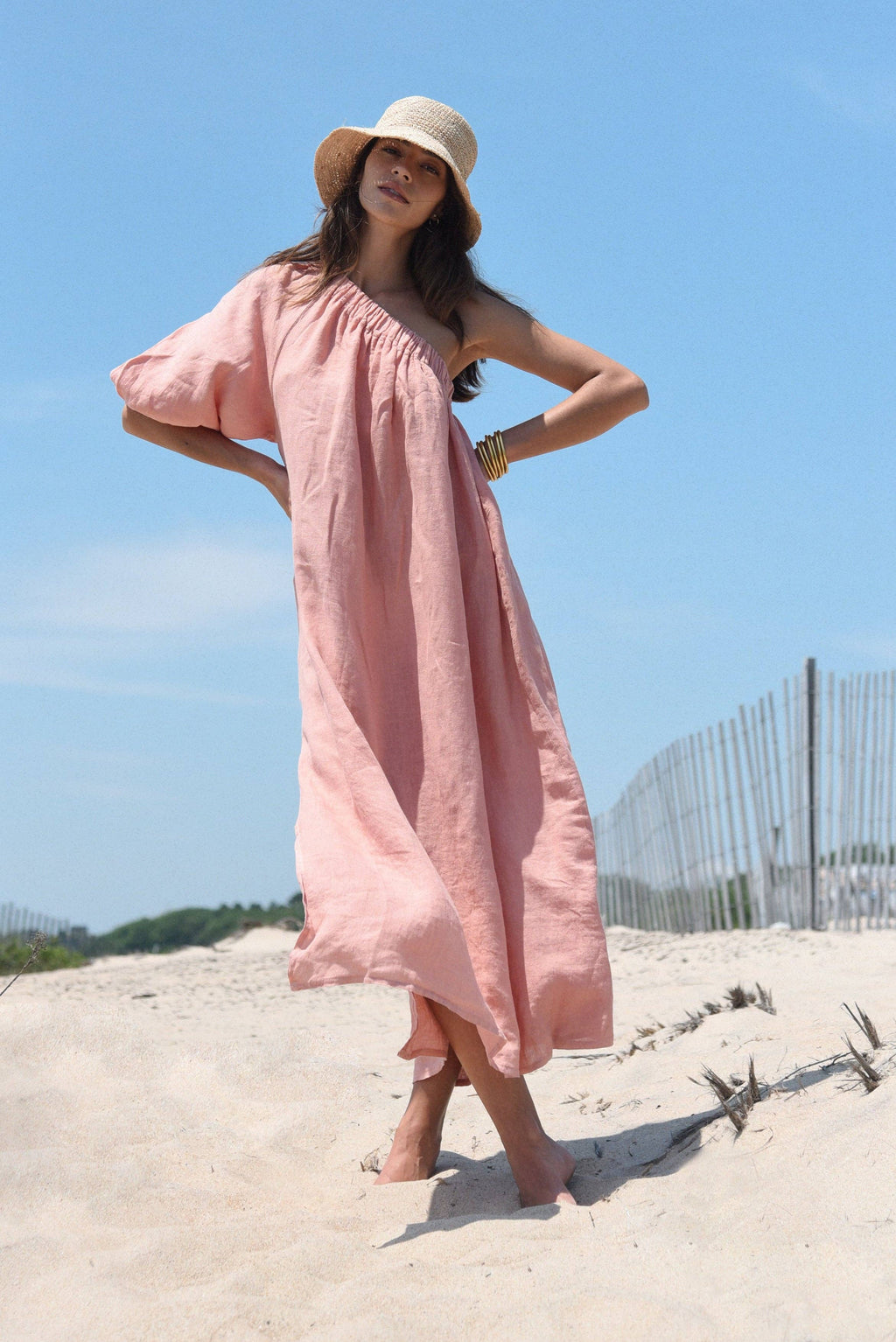 Milos Linen One-Shoulder Maxi Dress – Rose