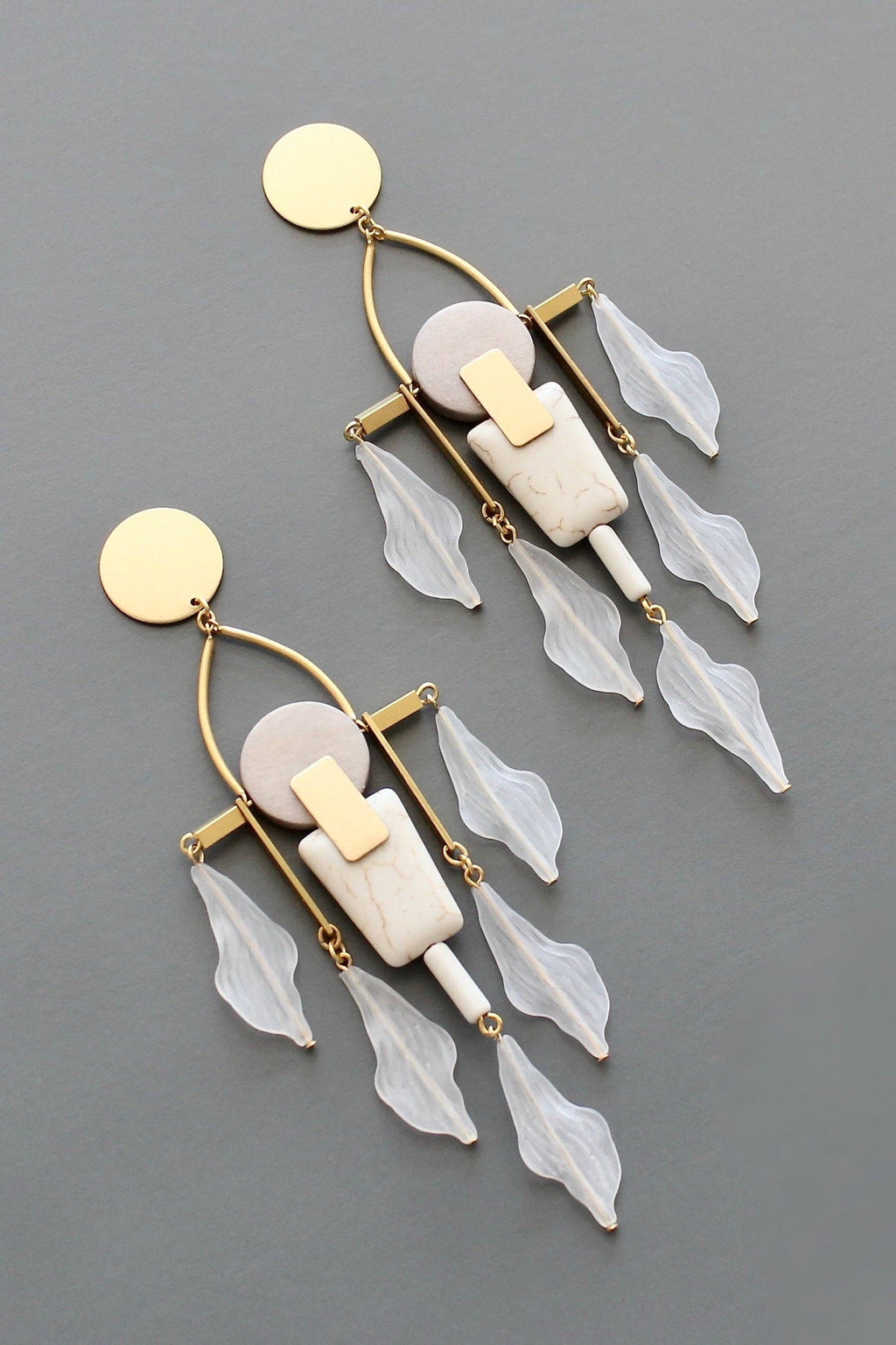 White and gray shoulder duster post earrings