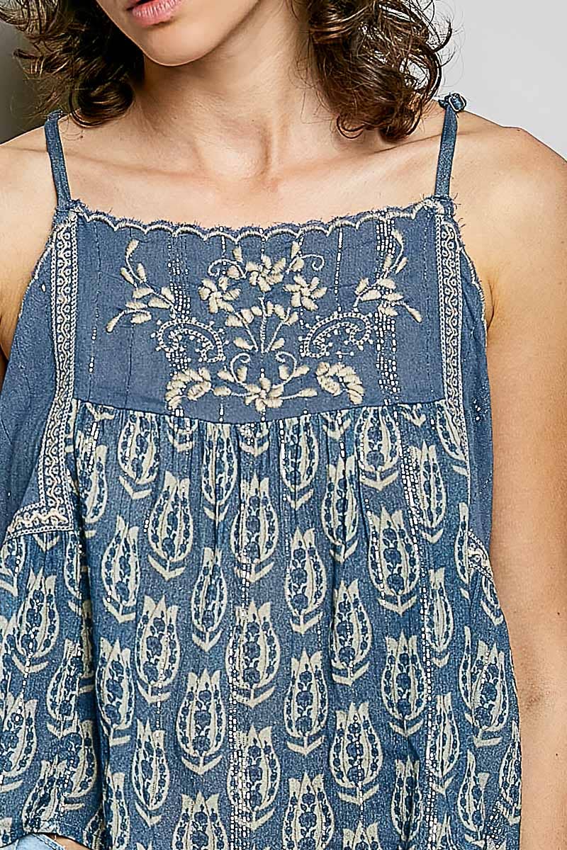 Spaghetti Strap Camisole Printed Embroidered Woven Top
