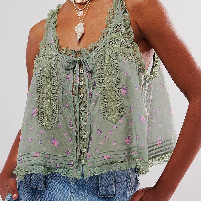 Lace-Trimmed Button-Front Tank