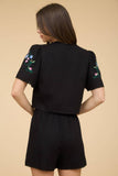Floral Embroidery Crop Tie Blouse