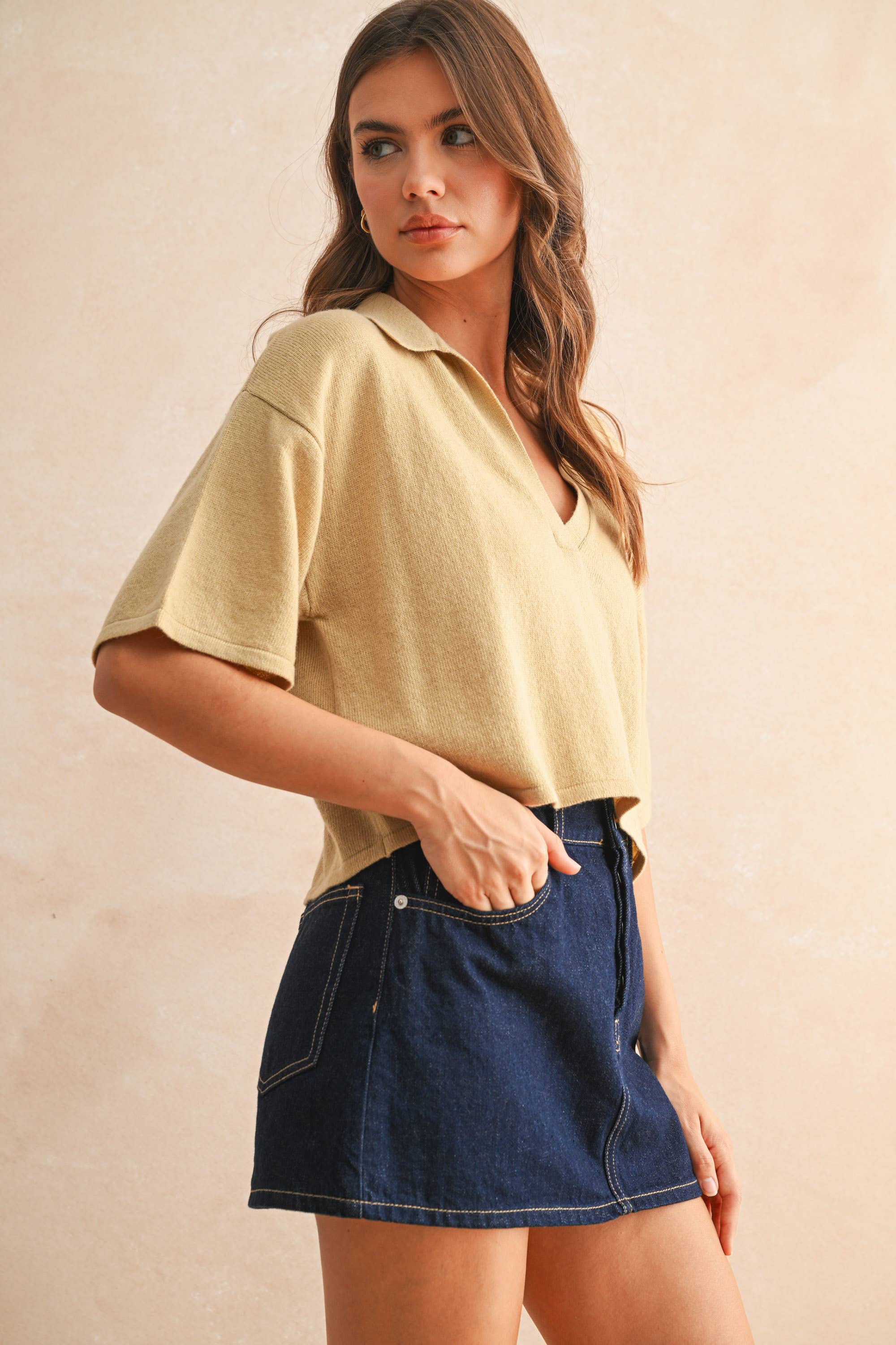 V-Neck Collared Cropped Knit Polo