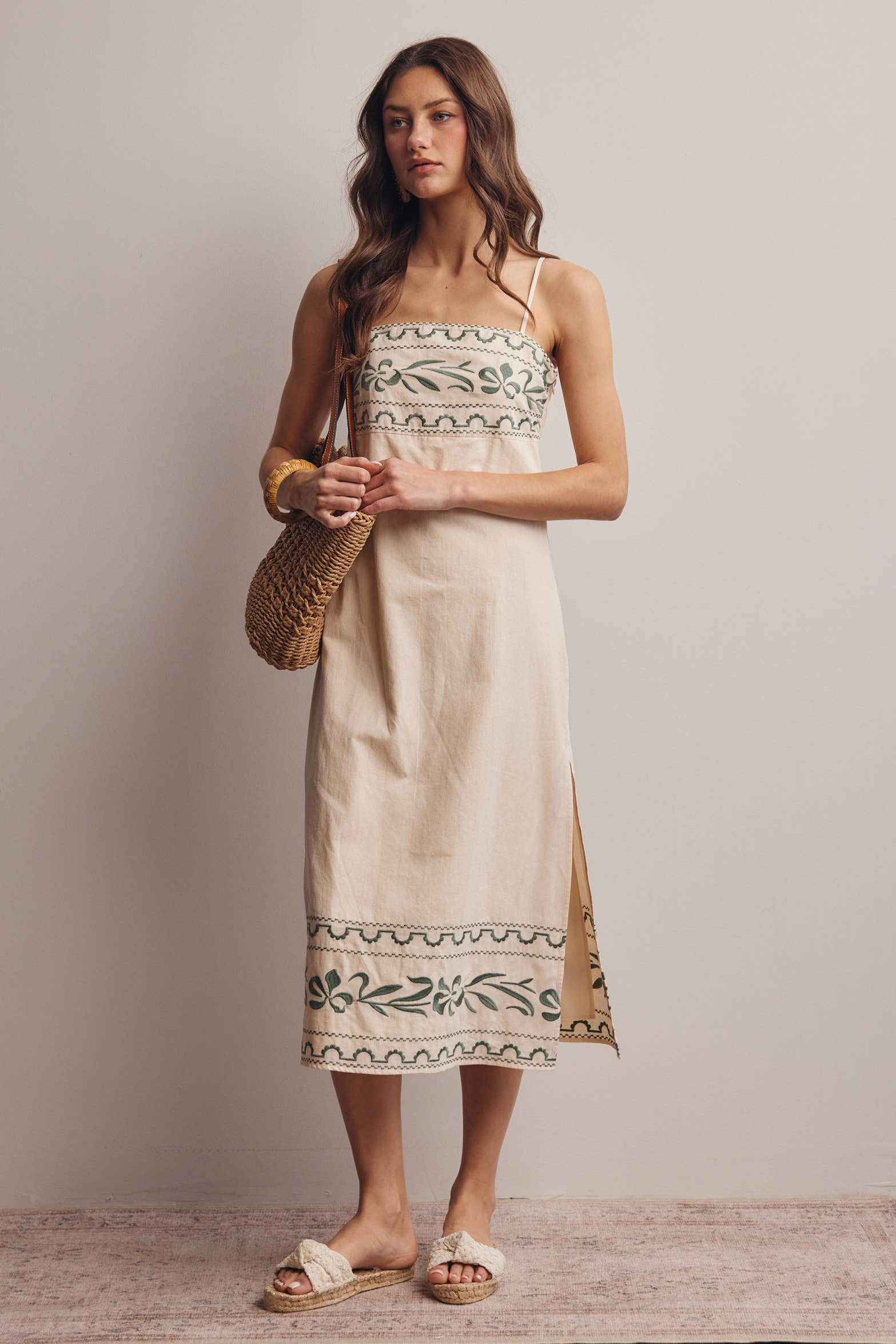 Embroidered Straight-Neck Cotton Midi Dress