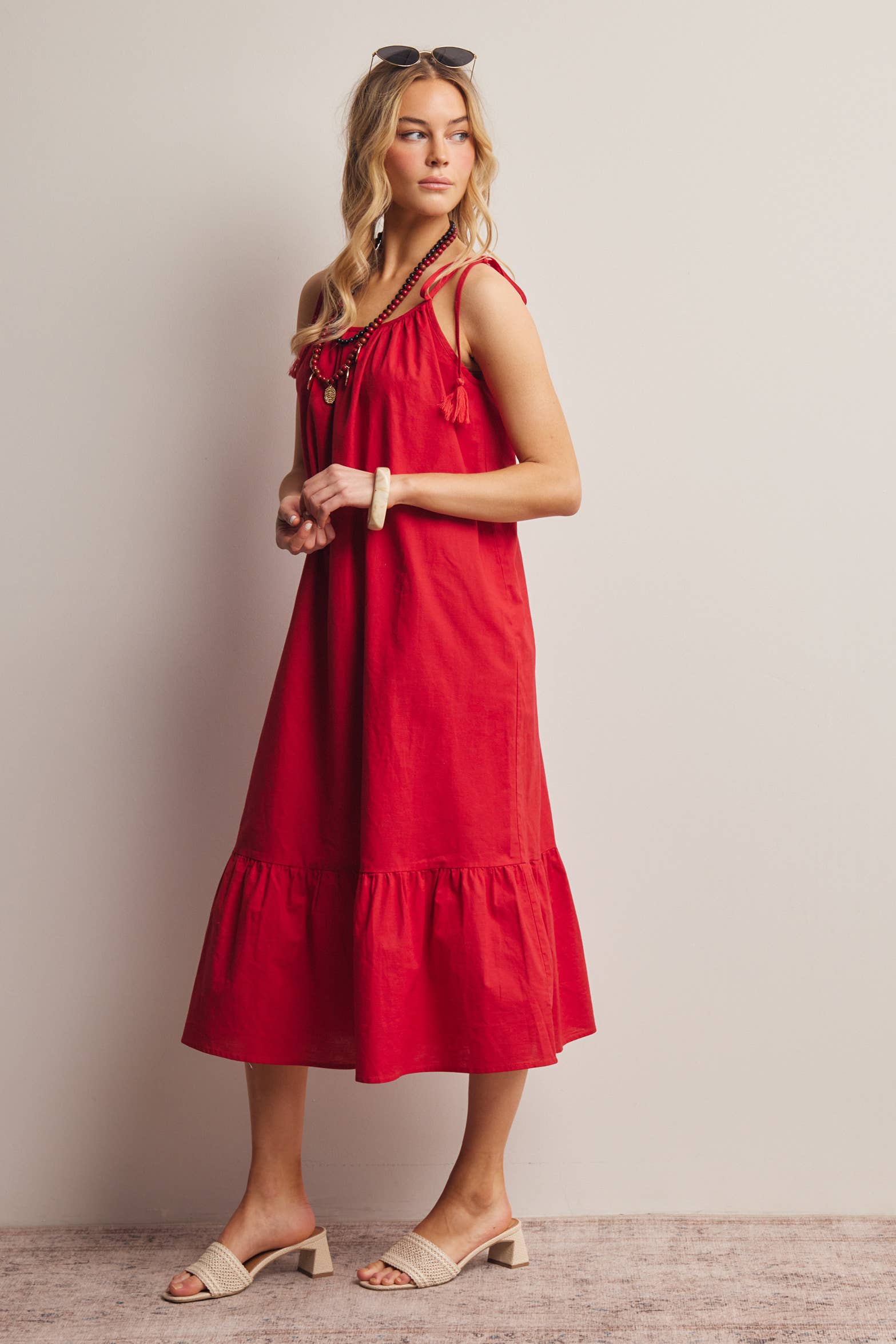 Red Tassel Strap Open-Back Midi Dress