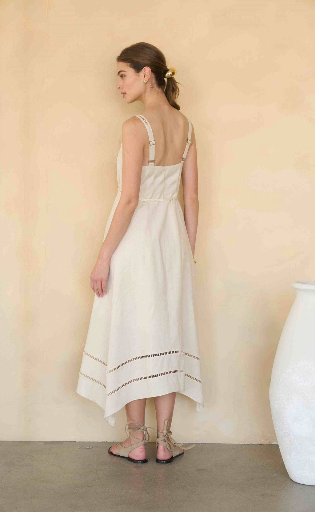 Sleeveless Asymmetric Hem Belted Midi Dress