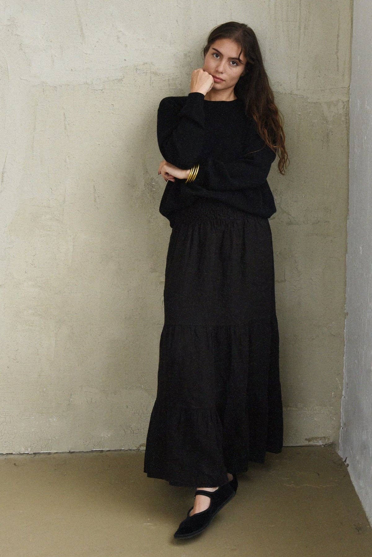 Florence Linen Tiered Skirt – Noir