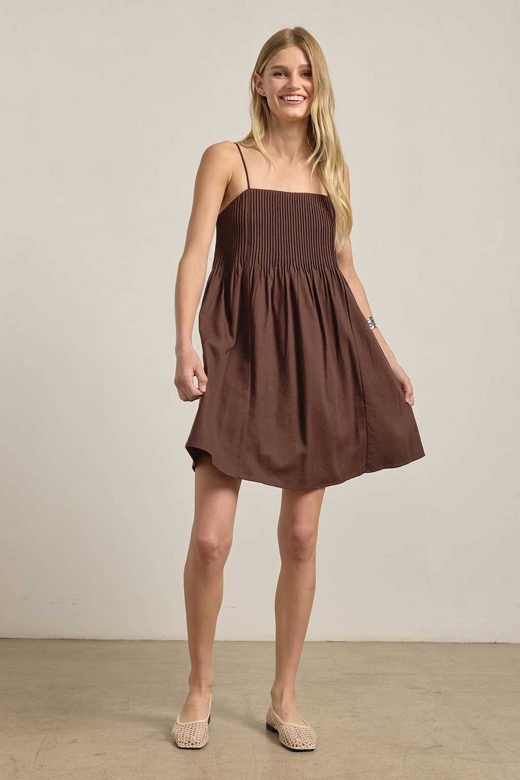 Chocolate Smocked Bodice Cami Mini Dress