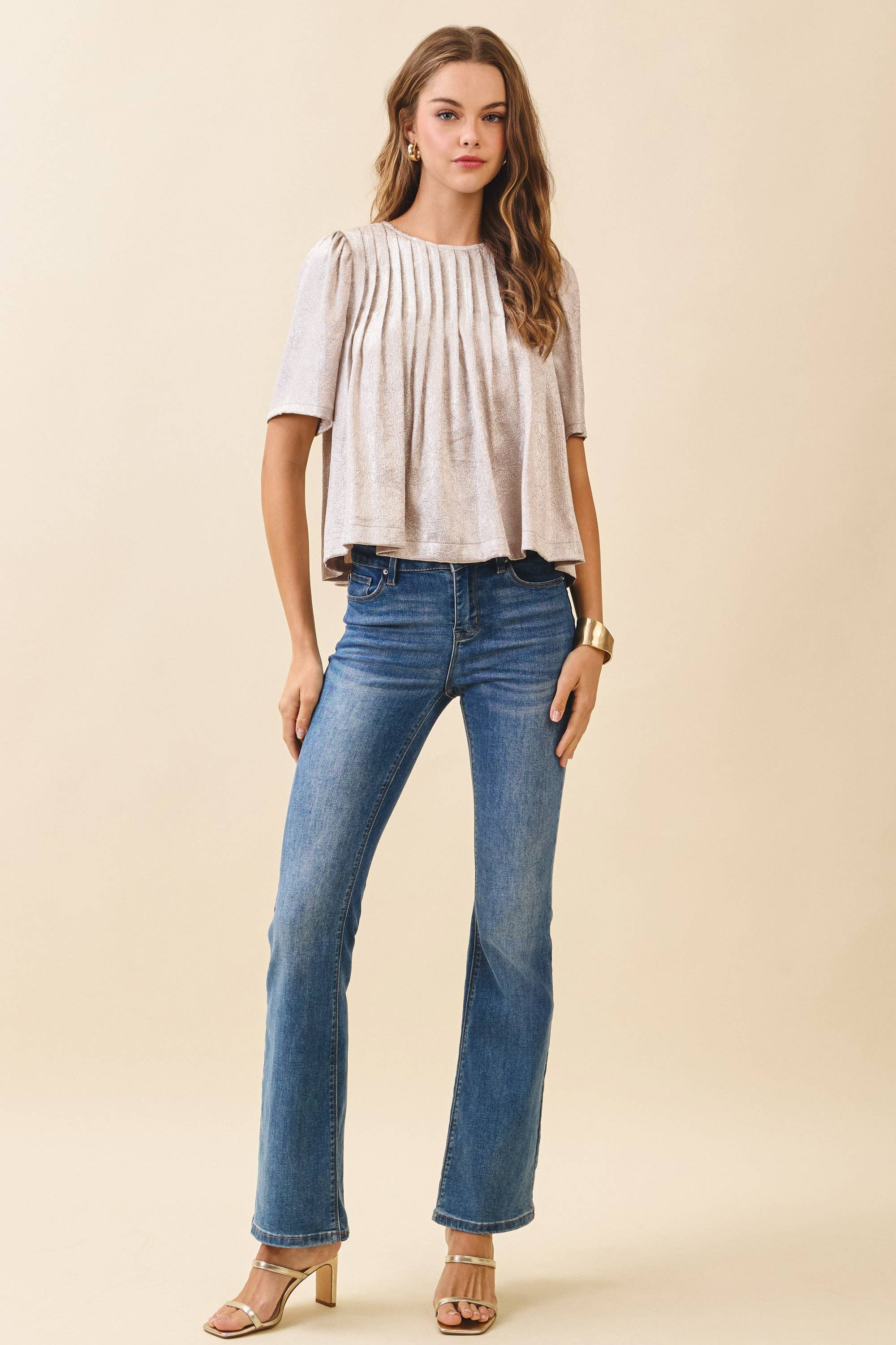 Pleated Detail Round Neck Short Metallic Top