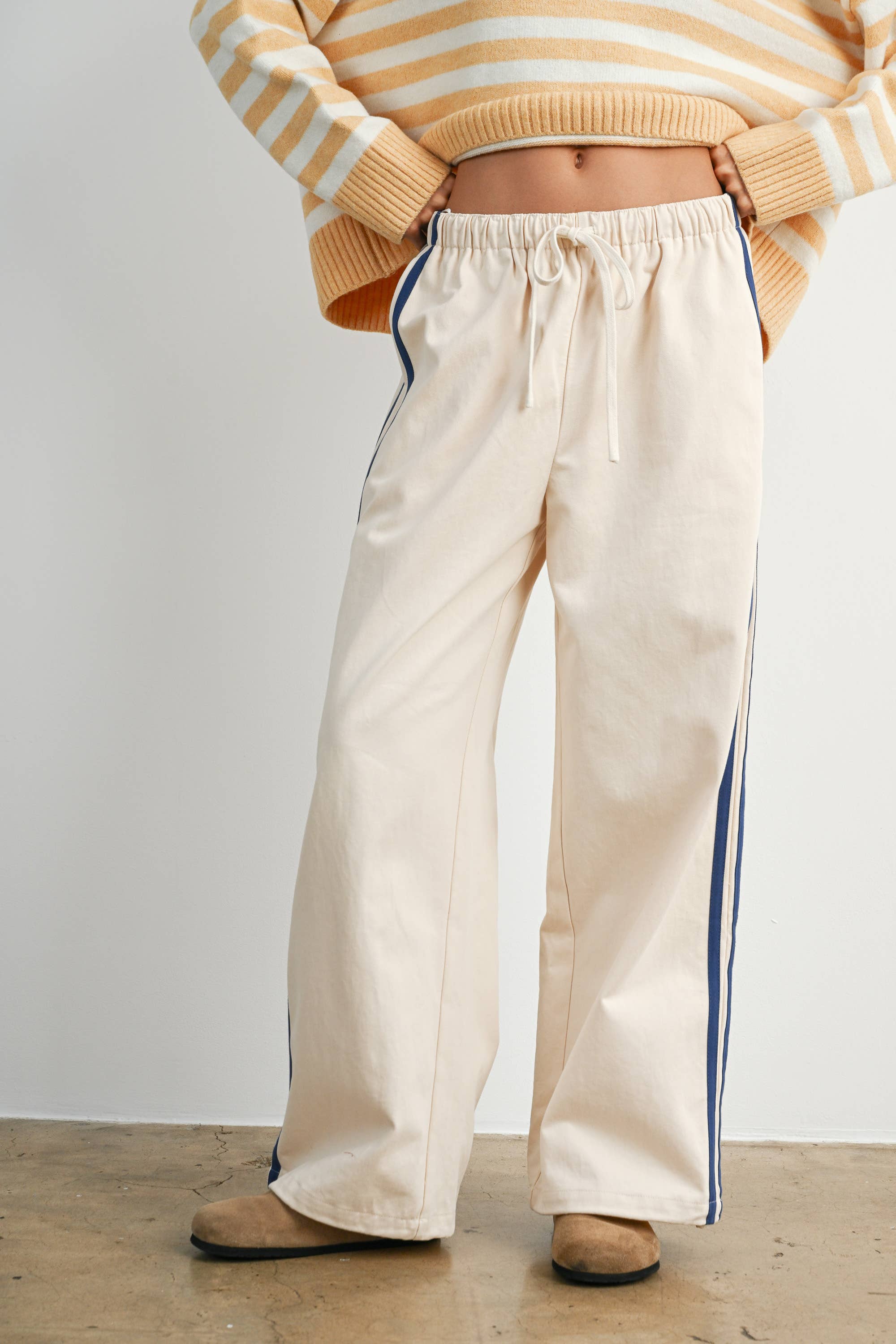 Striped Wide-Leg Drawstring Track Pants