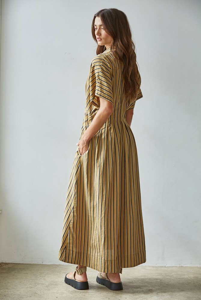 Summer Striped Collar Button-Down Flare Dress