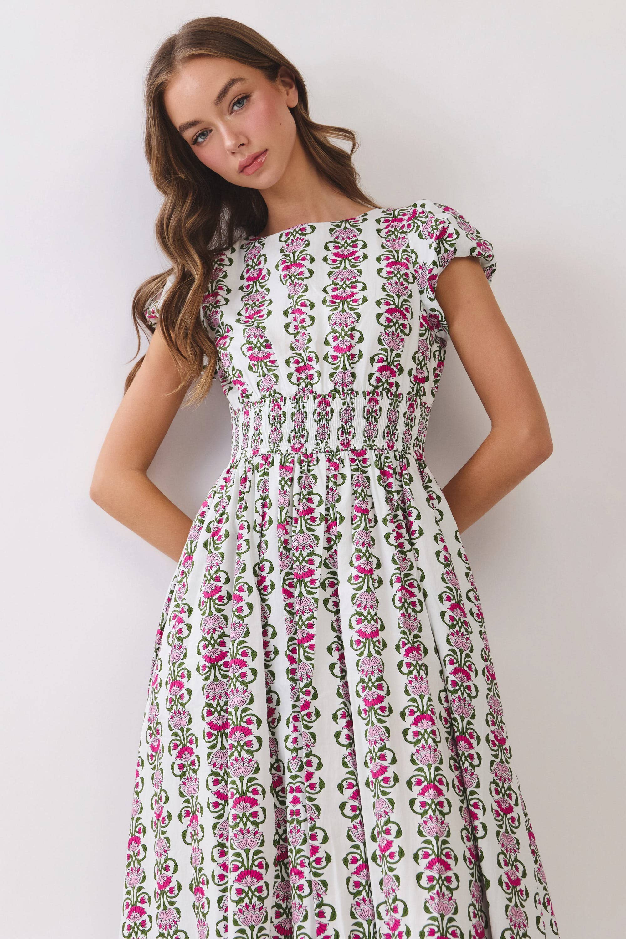 Floral Stripe Smocked Waist Midi Dress