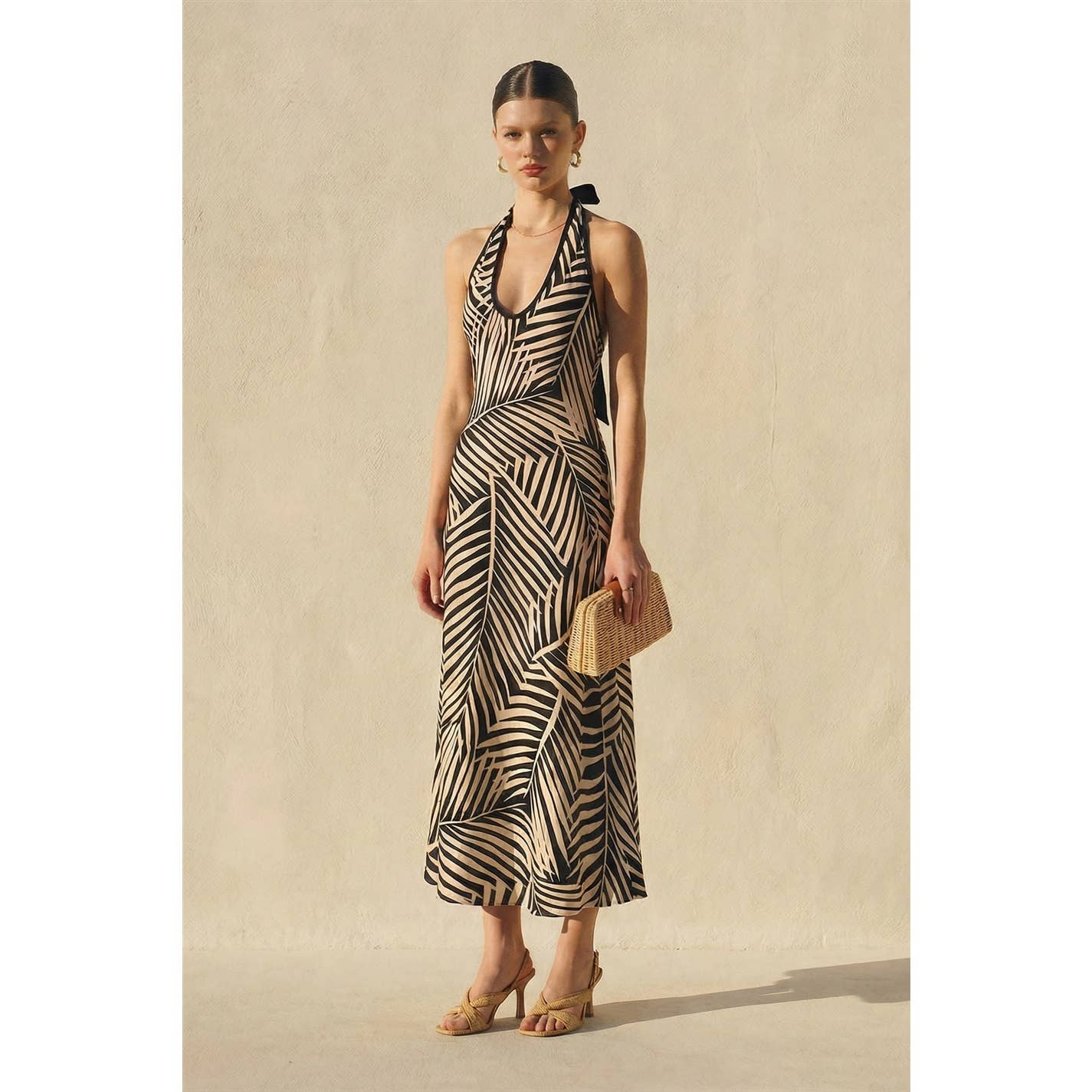 Jolie Tropical Leaf Halter Maxi Dress