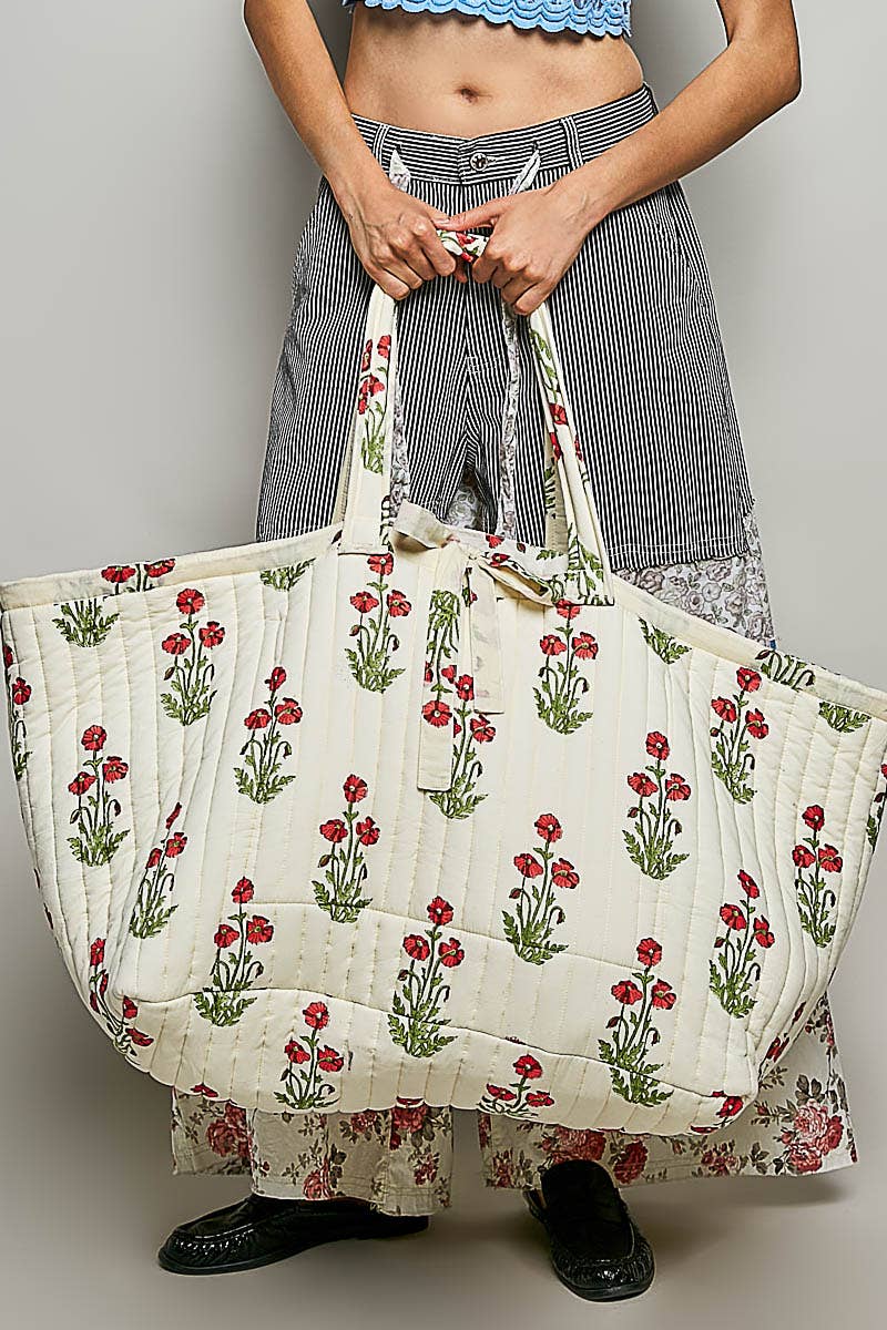 Ribbon-Tie Quilted Floral Jumbo Tote Bag