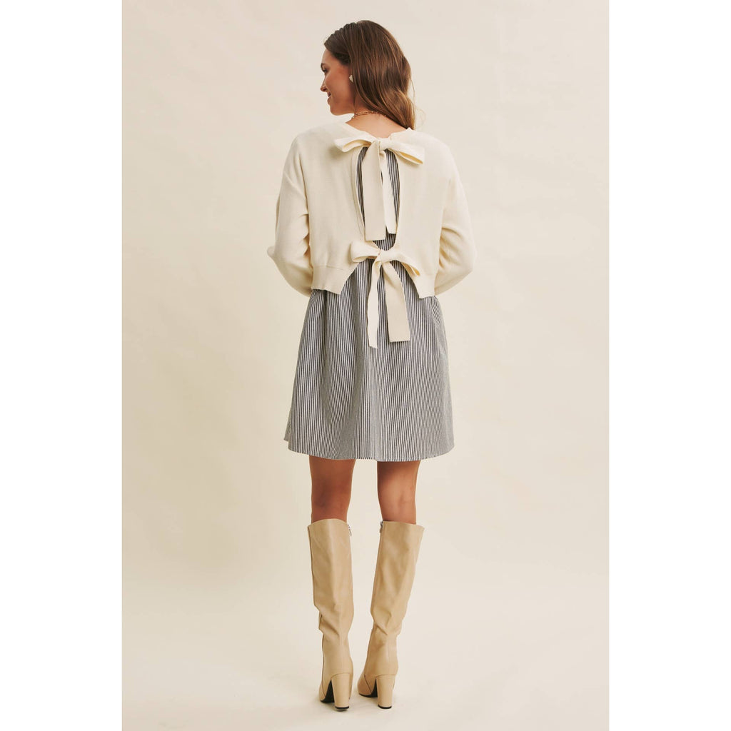 EASY COFFEE DATE BACK RIBBON TWOFER MINI SWEATER DRESS
