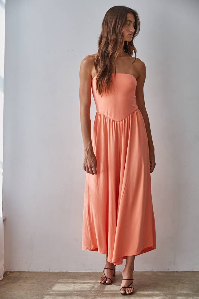 Knit Polyester Spandex Tube Strapless Flare Jumpsuit