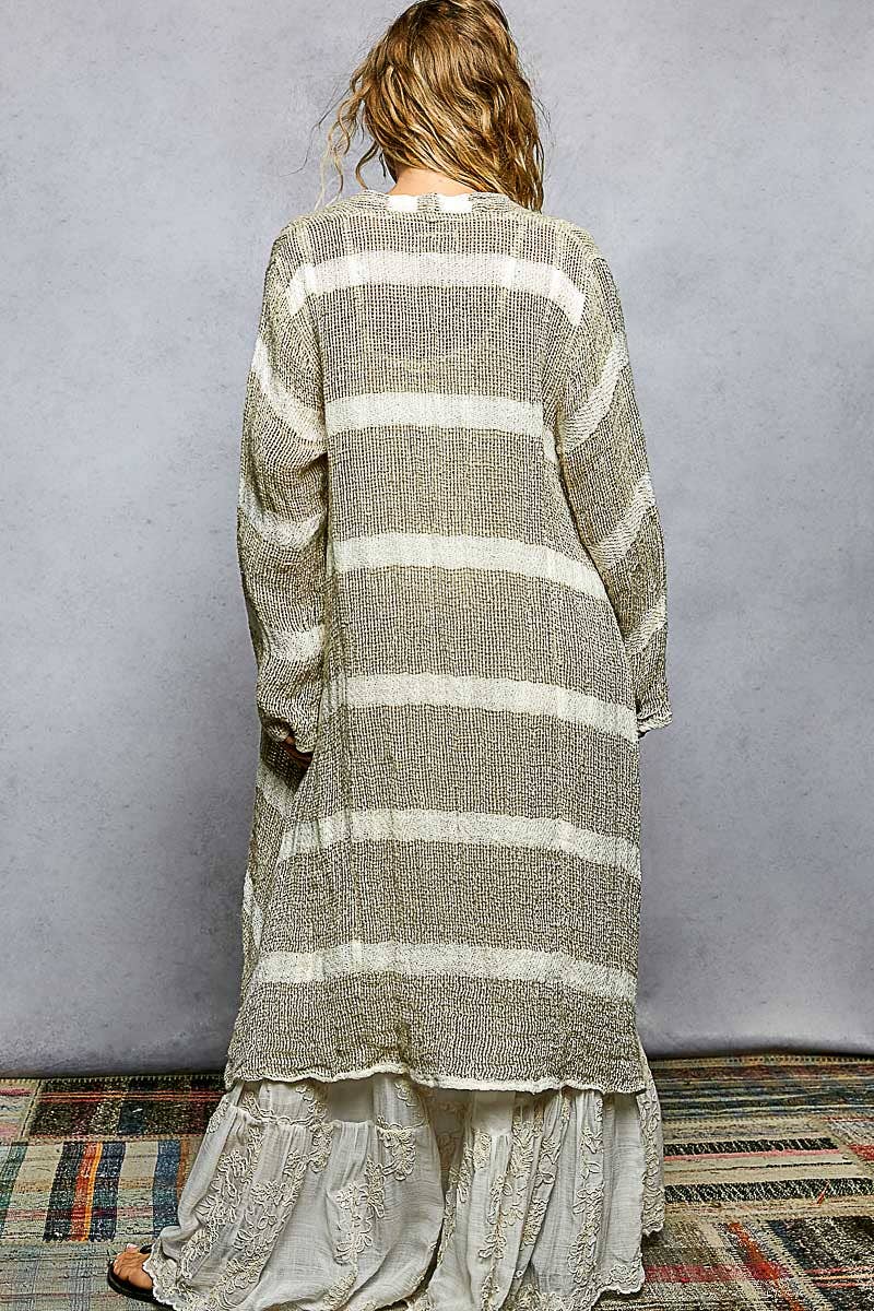 3/4 Sleeve Stripe Linen Open Cardigan