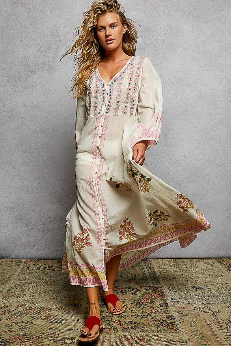 Embroidered Floral Print V-Neck Balloon Sleeve Maxi Dress