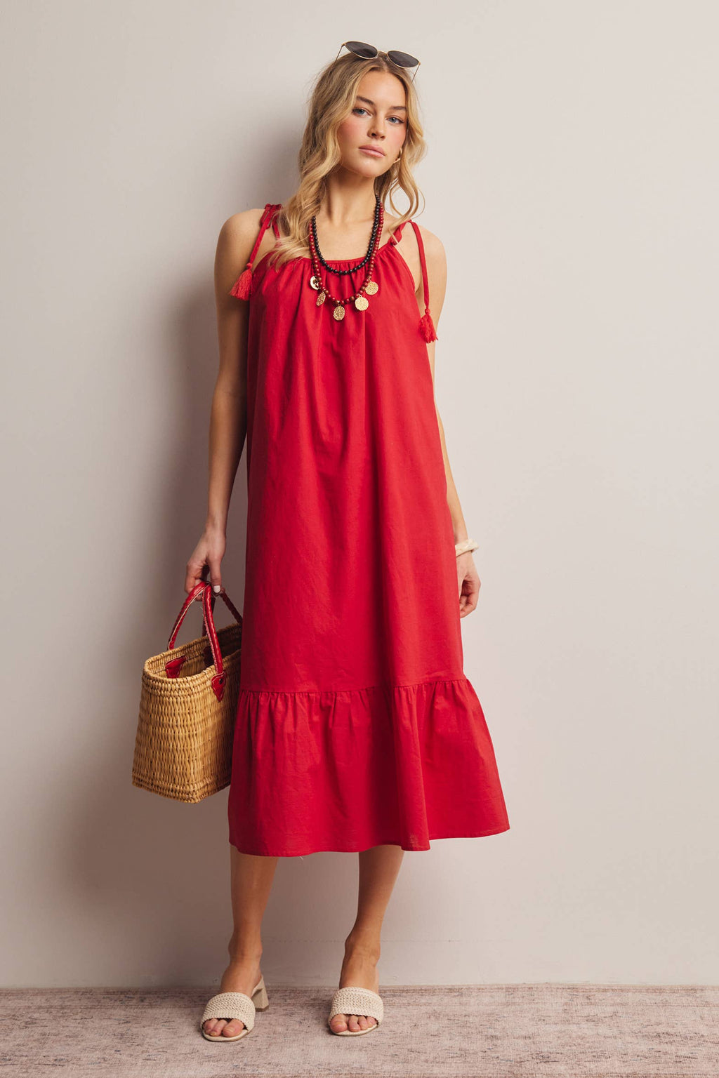 Red Tassel Strap Open-Back Midi Dress