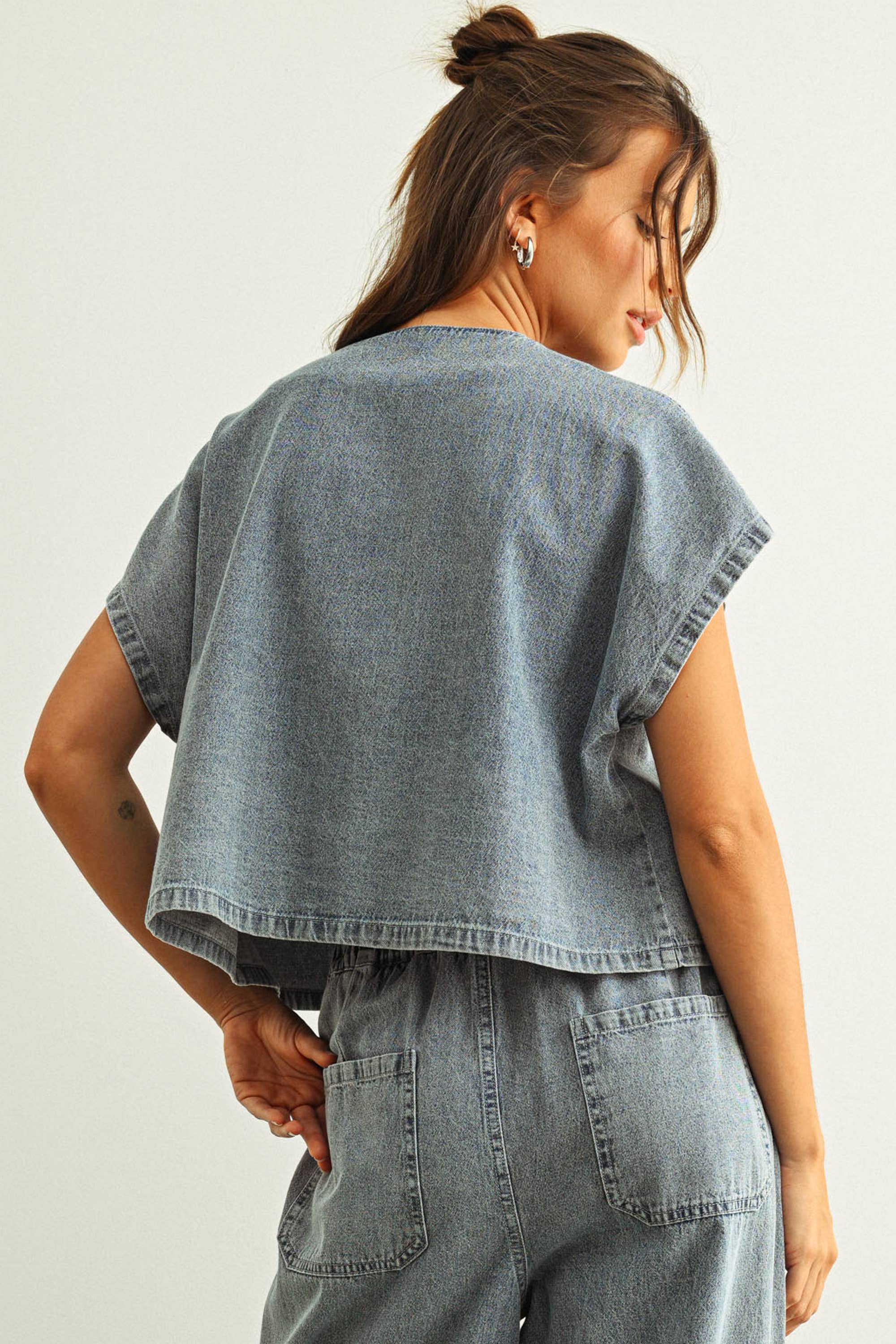 DENIM TIED FRONT BLOUSE