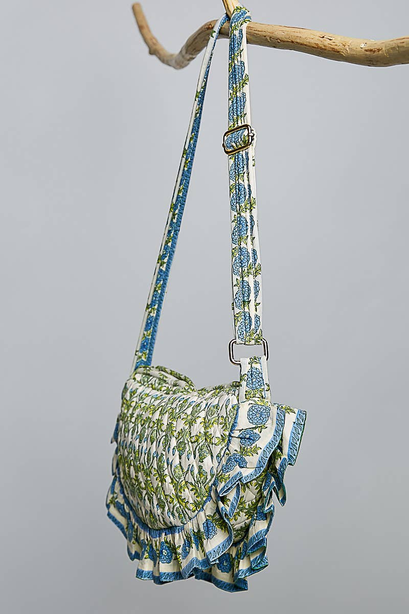Half Moon Quilted Floral Ruffle Crossbody Bag