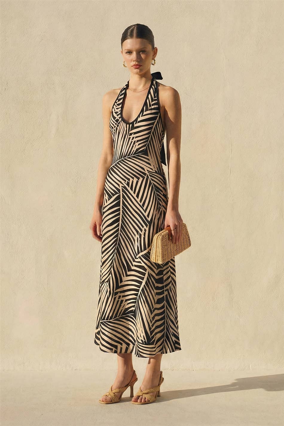 Jolie Tropical Leaf Halter Maxi Dress