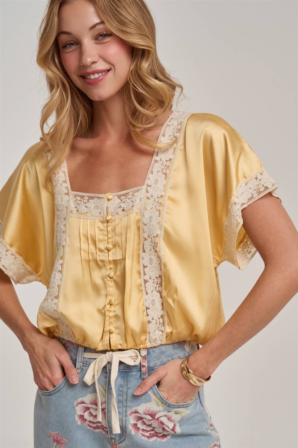 LACE TRIM SQUARE NECK SATIN BLOUSE TOP