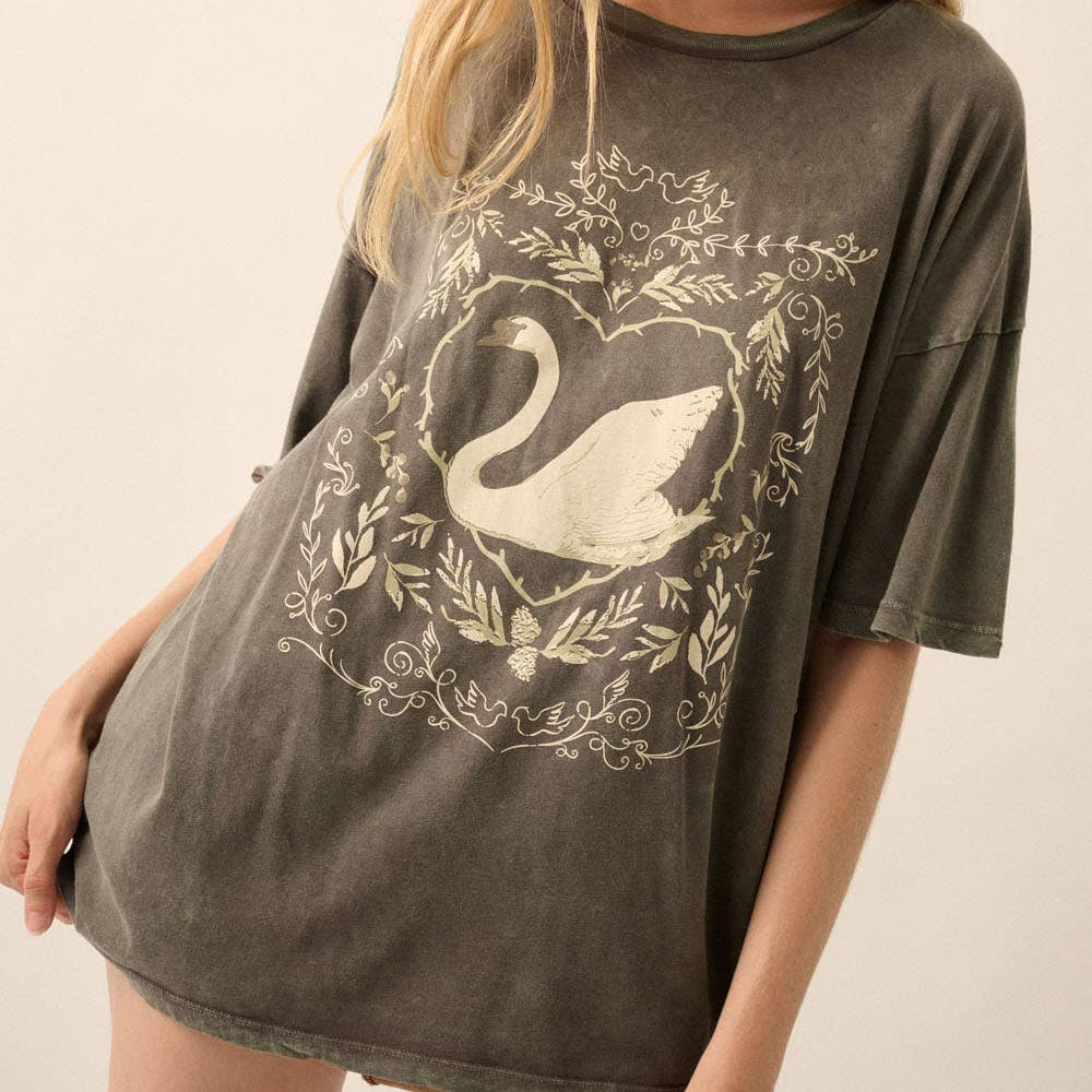 Ornate Swan Vintage-Wash Oversize Graphic Tee