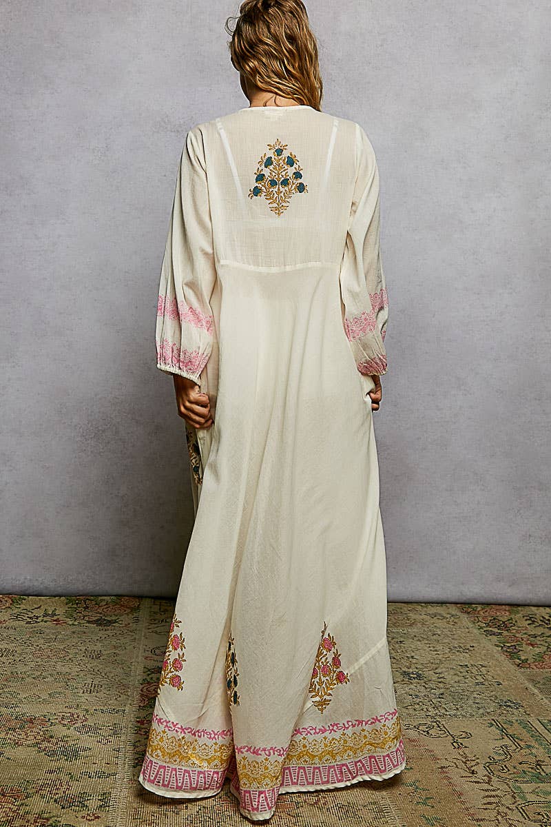 Brinley Embroidered Floral Print V-Neck Balloon Sleeve Maxi Dress