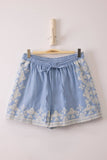 Washed Chambray Embroidered Shorts