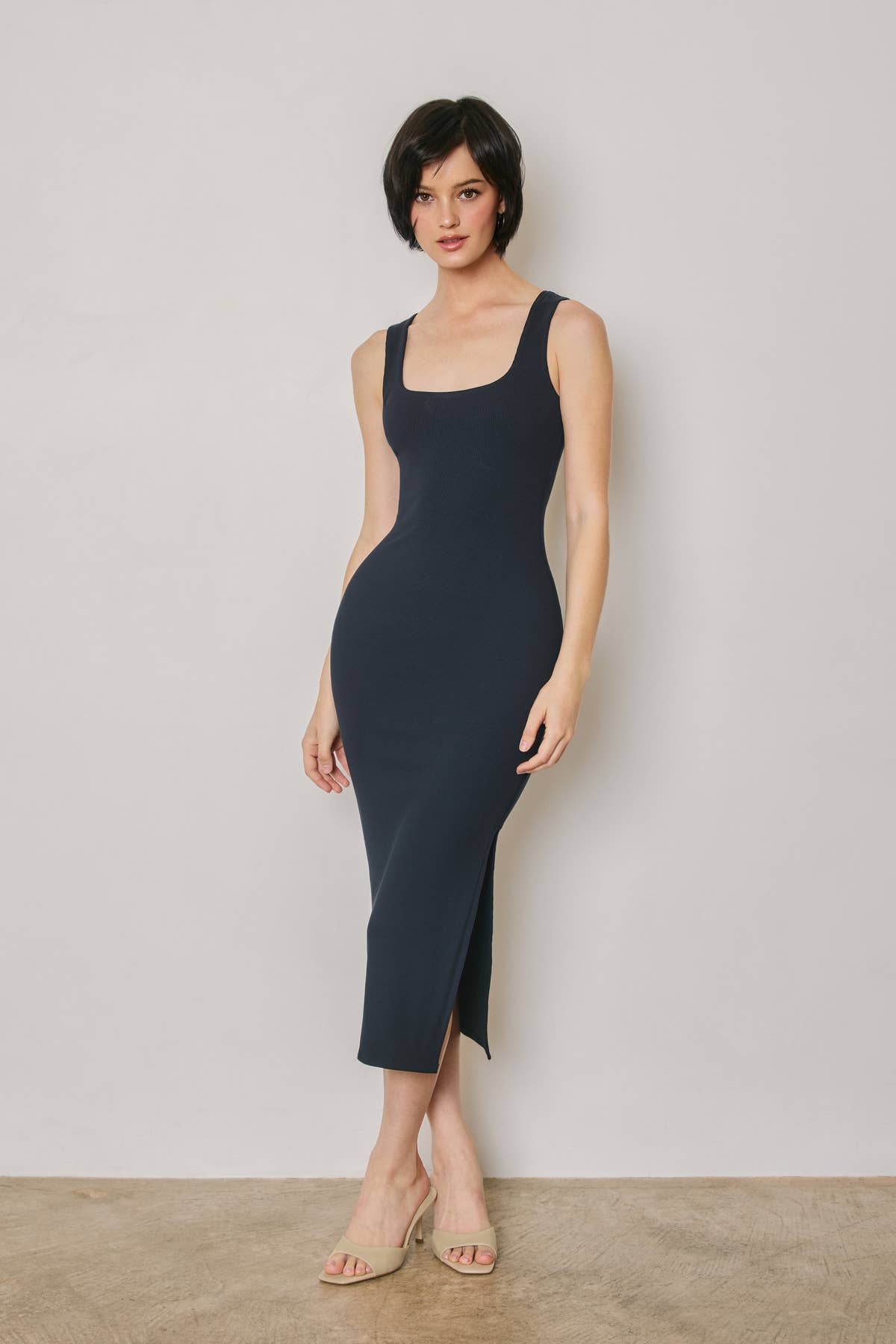 Ribbed Knit Square Neck Bodycon Midi Dress