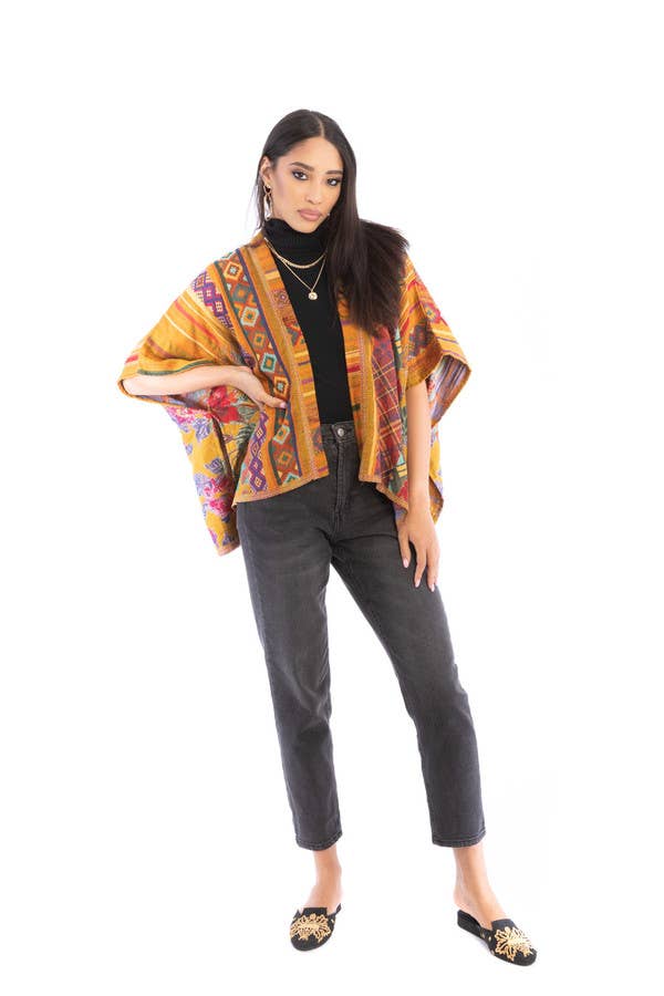 Thalia Floral Geometric Short Open Poncho
