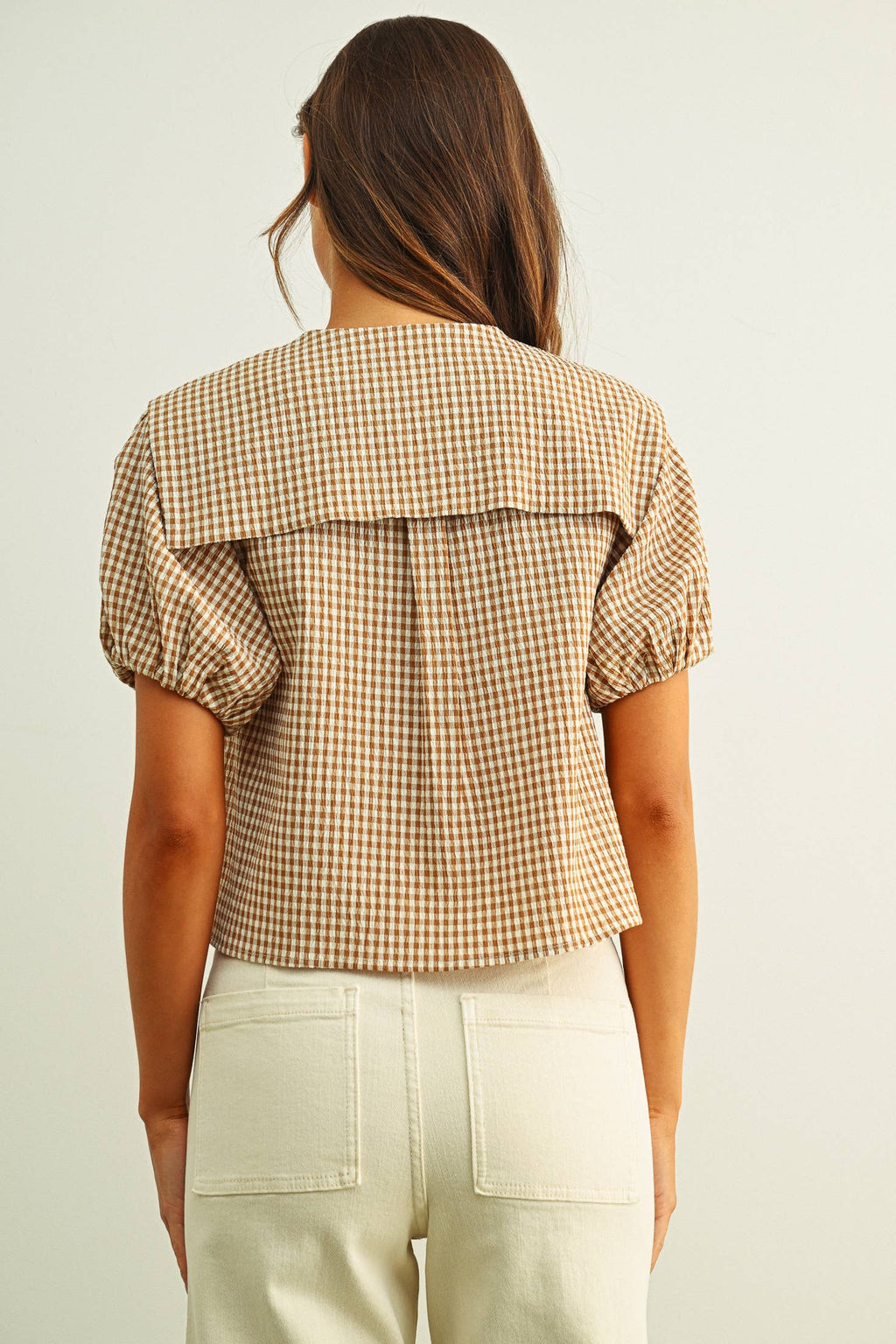 GINGHAM PATTERN SSLV WITH TIE IN FRONT TOP