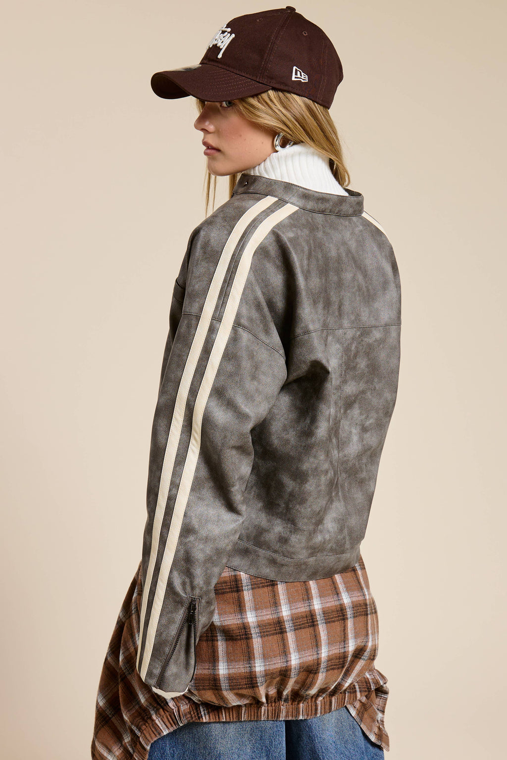 Washed Faux Leather Moto Jacket with Stripe Detail