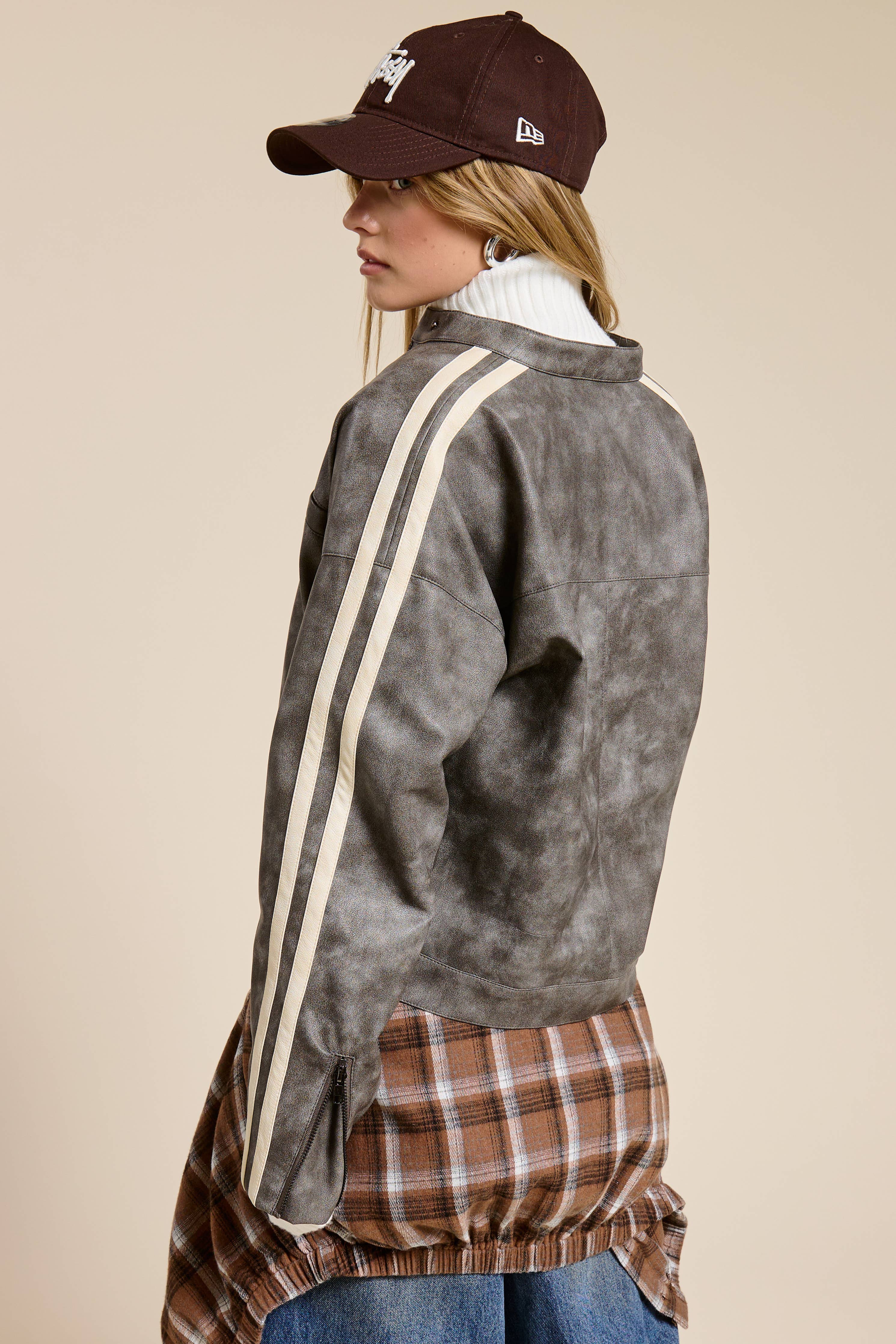 Washed Faux Leather Moto Jacket with Stripe Detail