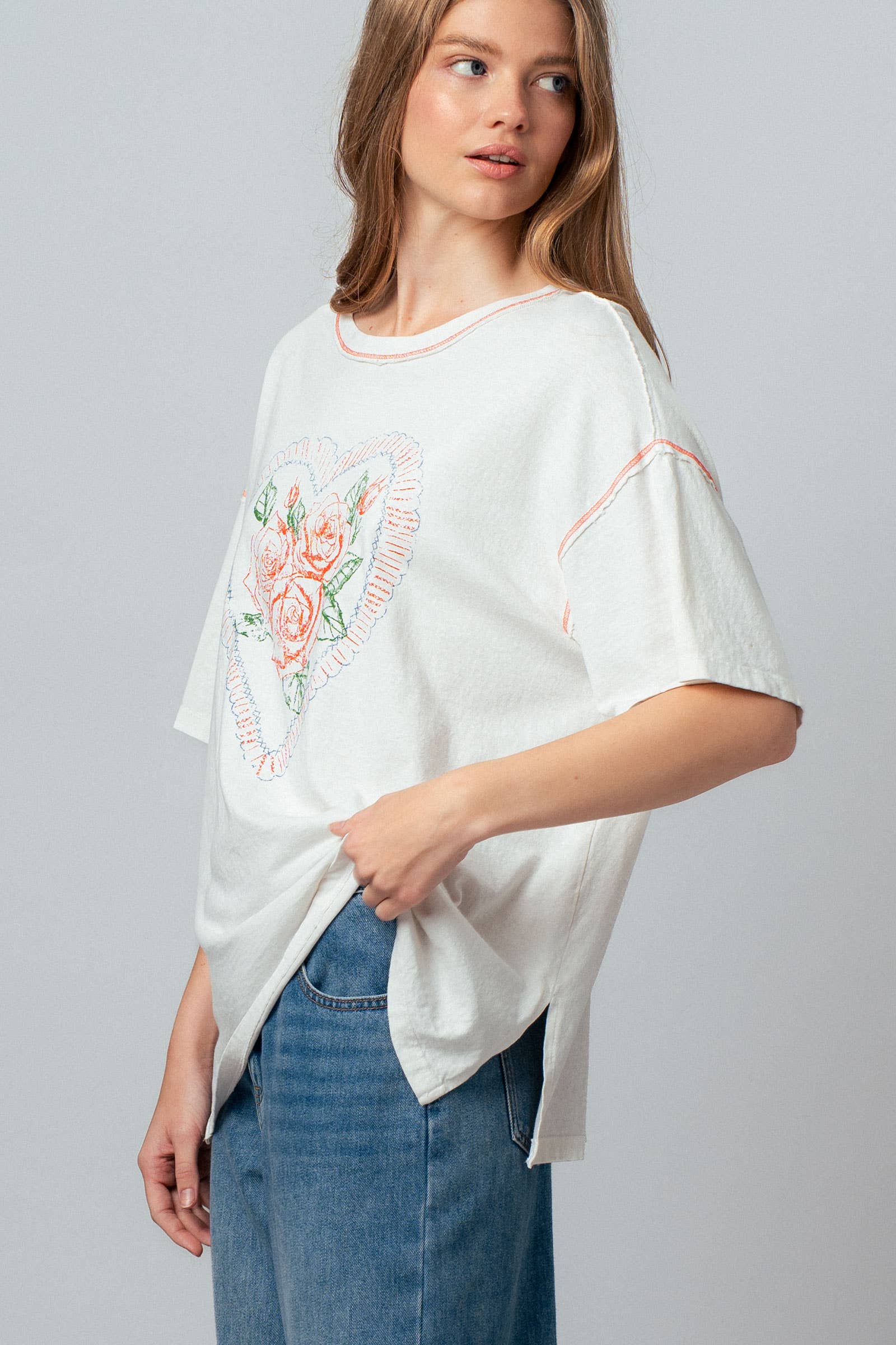 Vintage Rose Heart Floral Oversized Graphic Tee