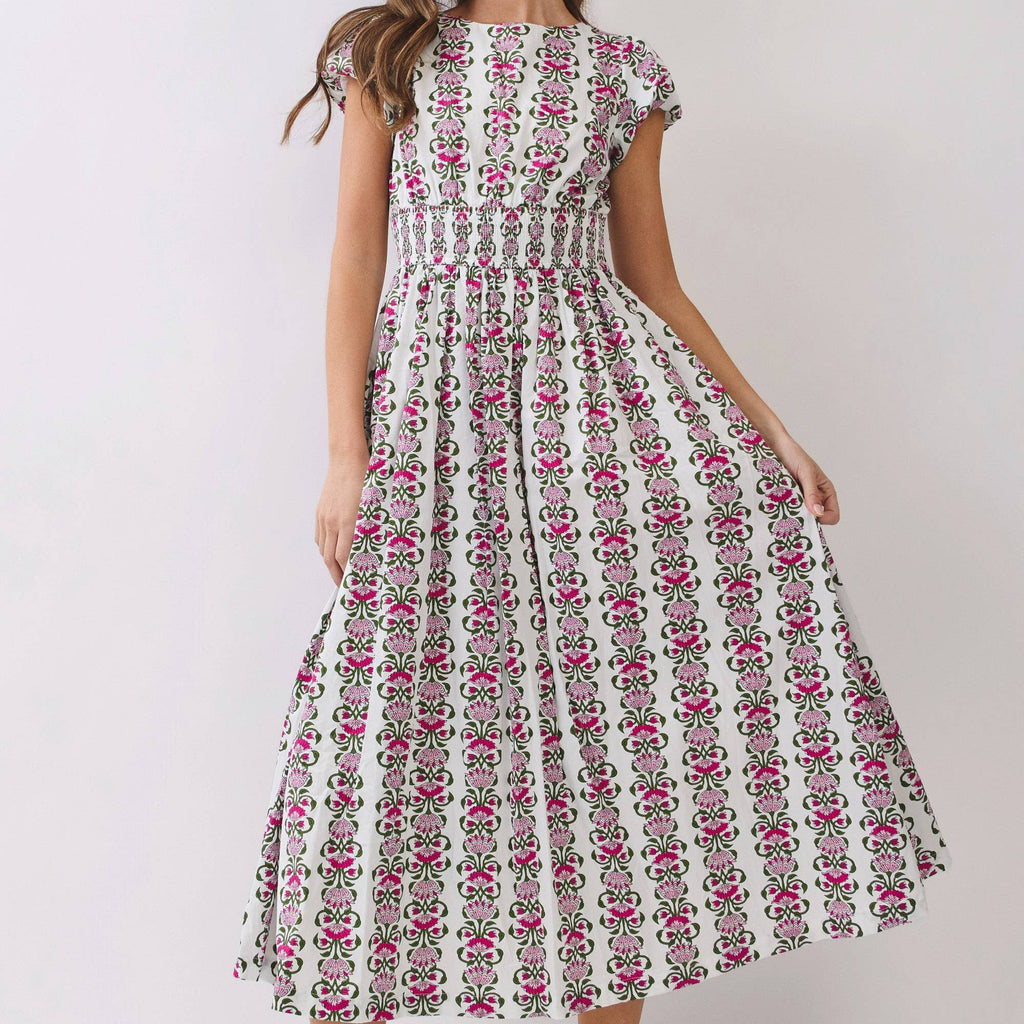 Floral Stripe Smocked Waist Midi Dress