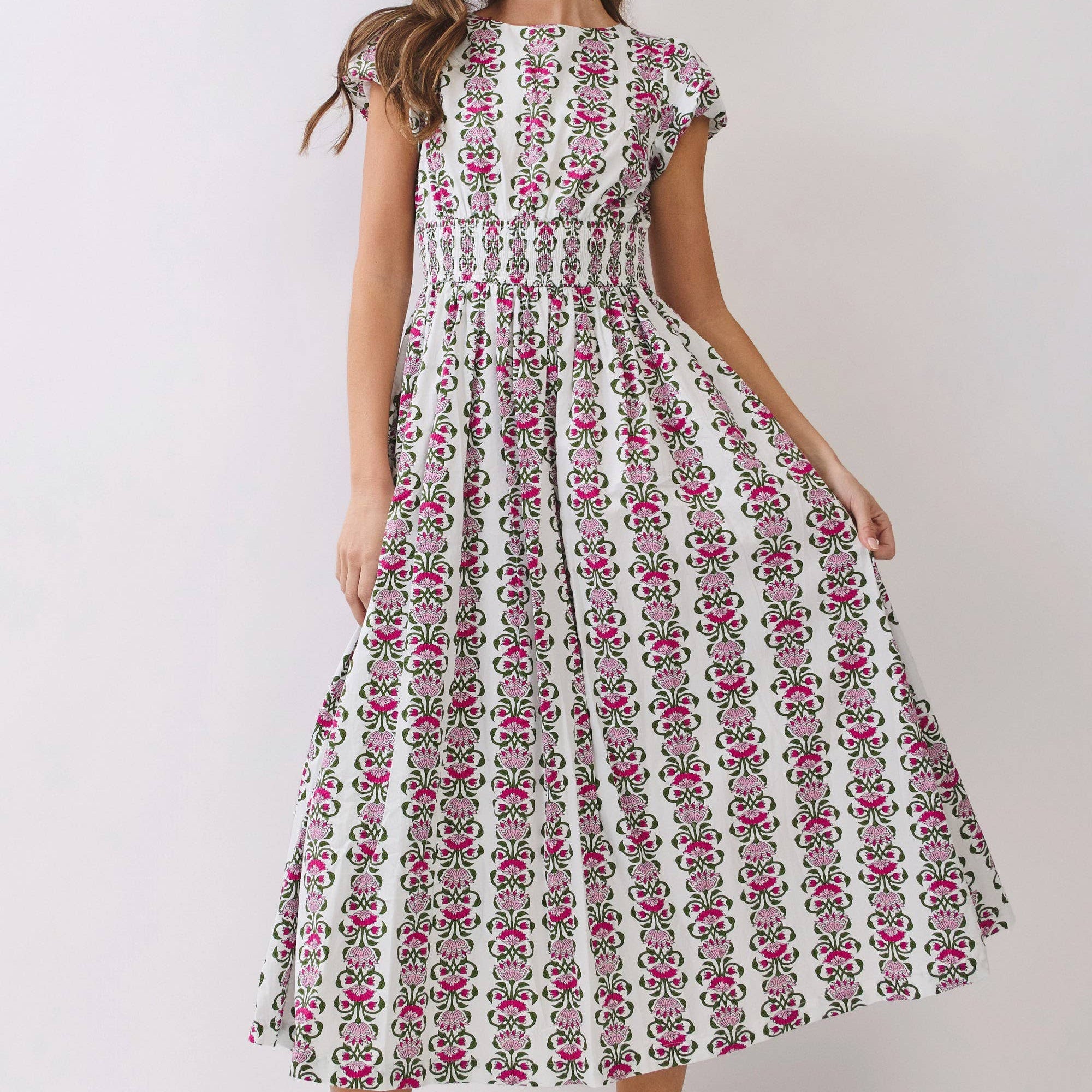 Floral Stripe Smocked Waist Midi Dress