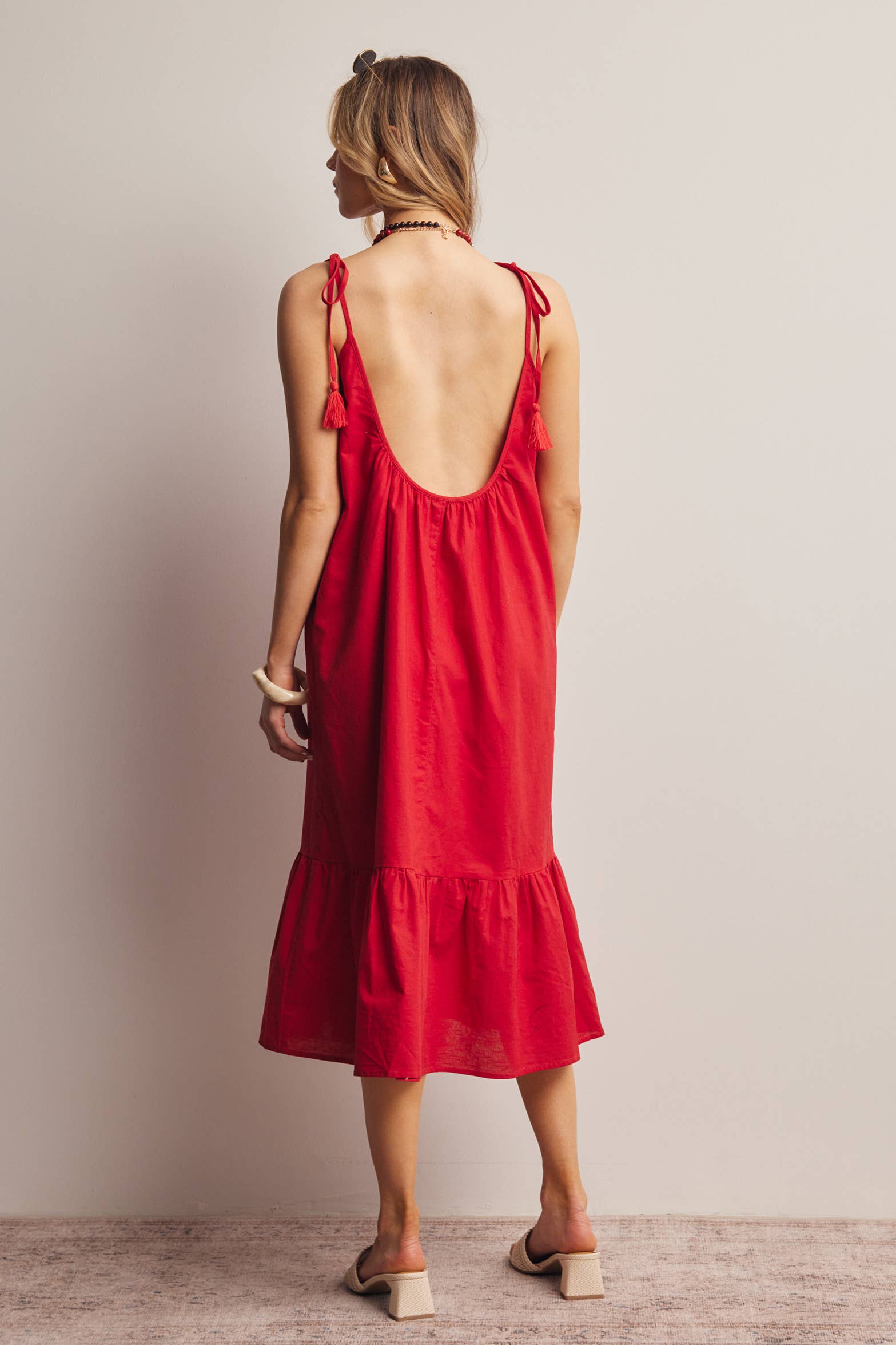 Red Tassel Strap Open-Back Midi Dress