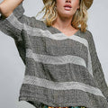V Neck Short Sleeve Linen Stripe Pattern Woven Top