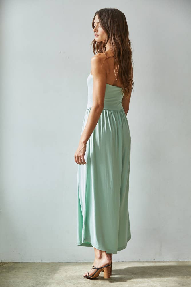 Knit Polyester Spandex Tube Strapless Flare Jumpsuit