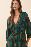 Plaid Deep V Neck Ruffle Trim Detail Wrap Dress