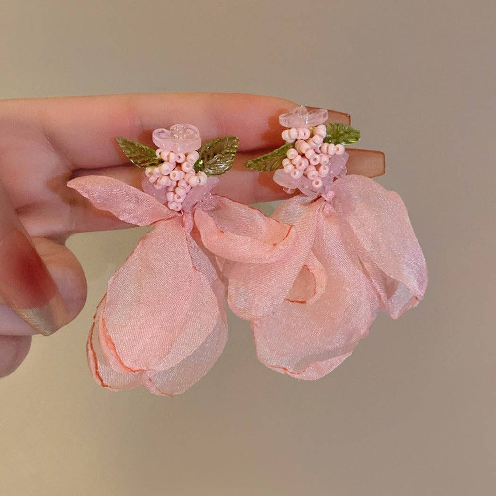 Pink Chiffon Petal Earrings – Delicate Floral Drops