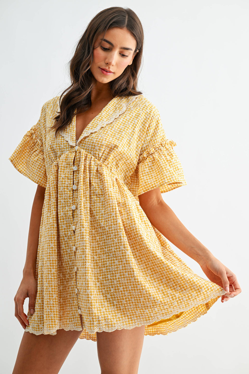 Sunny Days Gingham Lace-Trim Babydoll Dress