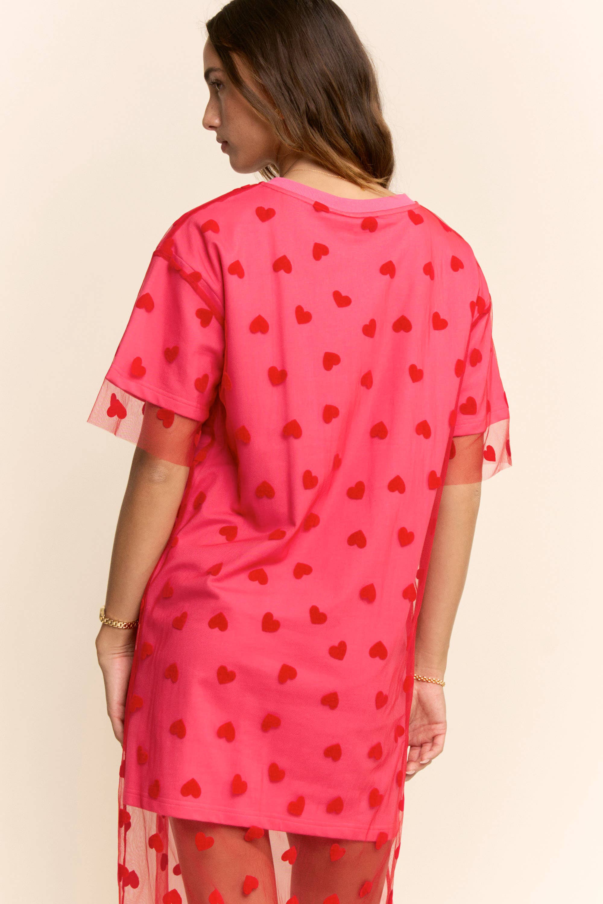 HEART MESH LAYERED T SHIRT DRESS