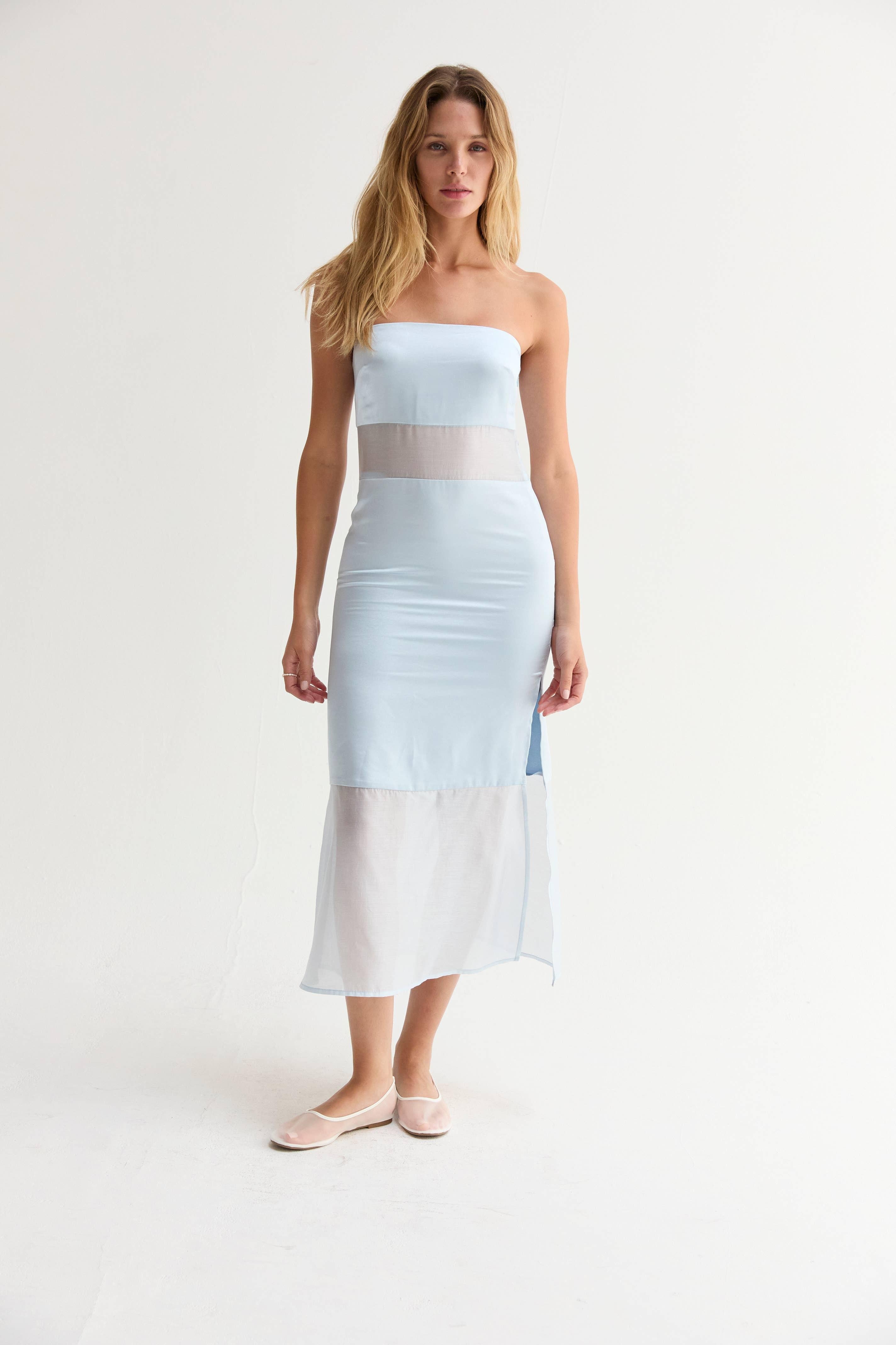 light blue tube dress Austin Satin Mixed Media Tube Midi Dress