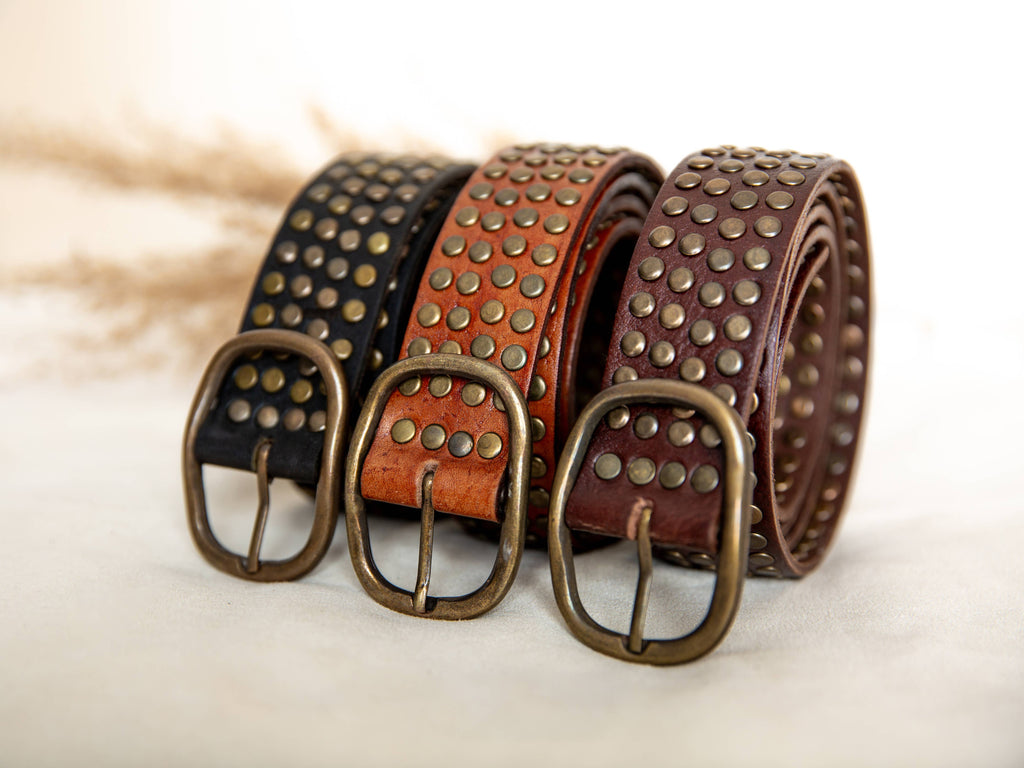 DARK BROWN LEATHER BELT WITH STUDS WIDE